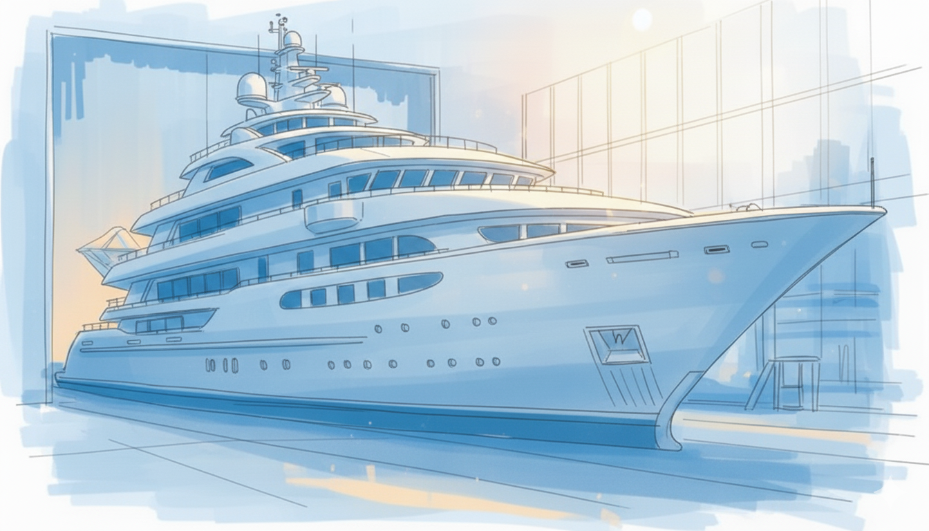 Megayacht_industry Massive steel hull of a megayacht under construction in a shipyard, representing large-scale project risk management.