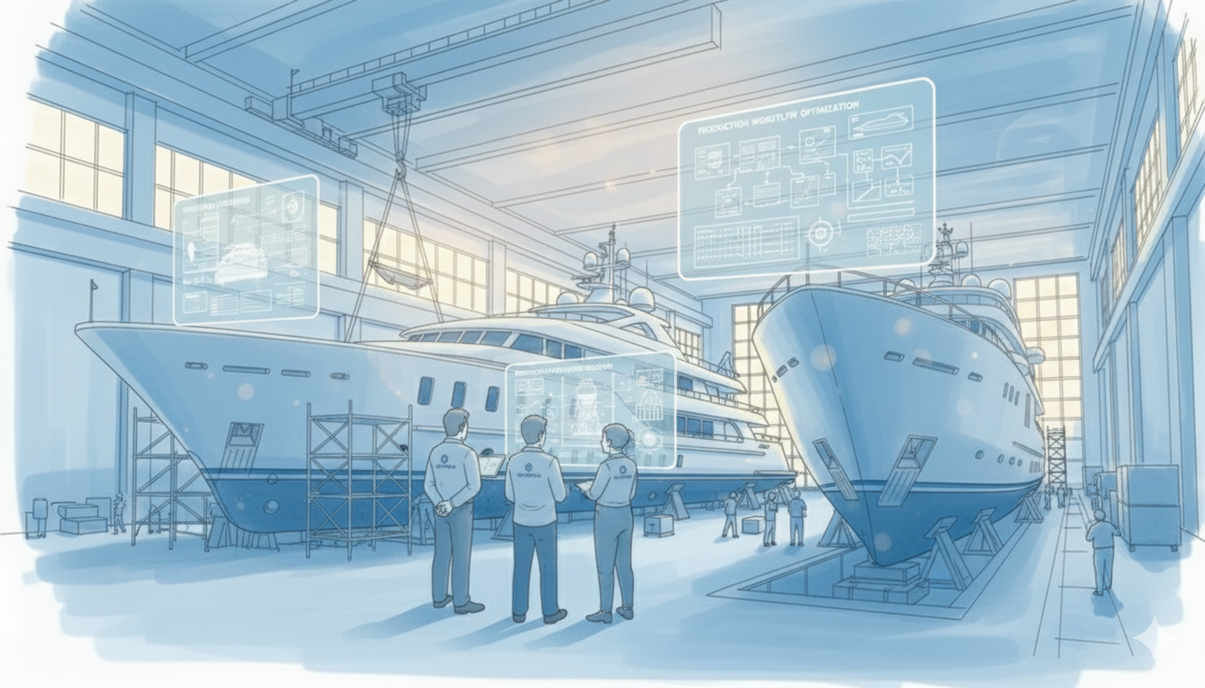 Production_Optimization Industrial boat assembly line with workers, symbolizing specialized consulting for shipyard production optimization and Lean manufacturing.