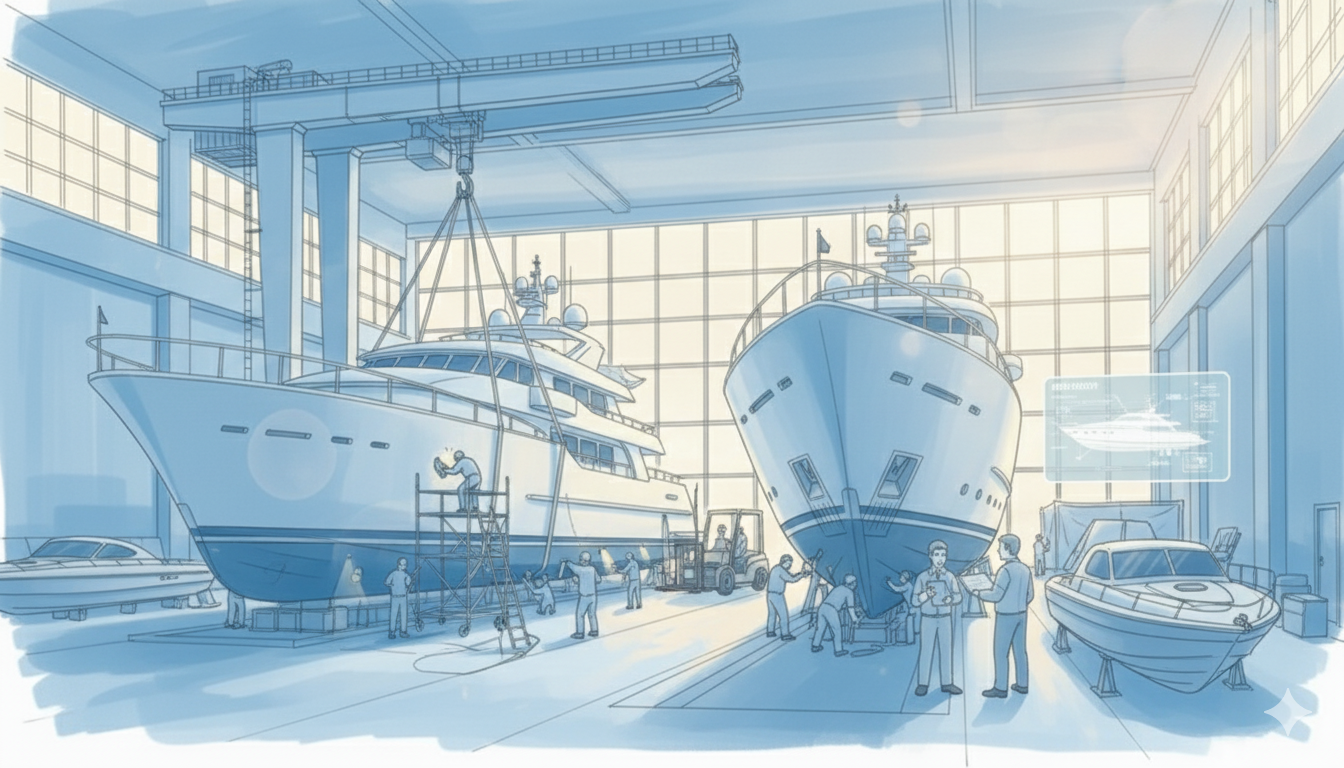 Quality_control Technician inspecting yacht construction area, symbolizing implementation of quality management systems and defect prevention in boat building.