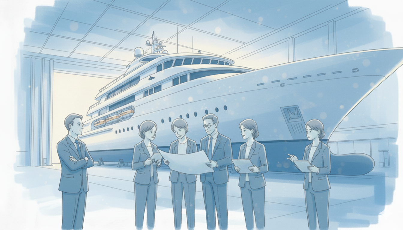 Specialized_consultation Naval experts reviewing blueprints and technical documents, symbolizing tailored, specialized consulting for complex marine industry projects.