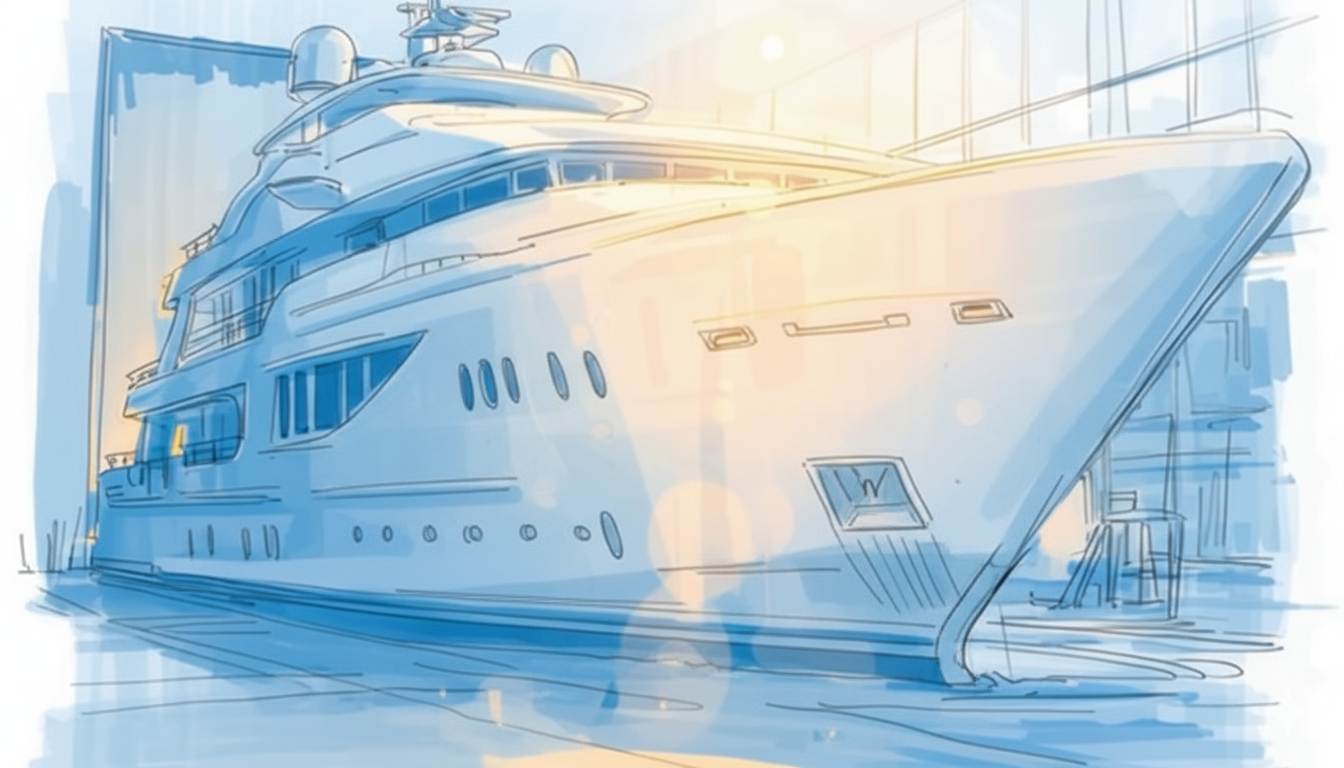 Superyacht_industry Complex superyacht construction project in a shipyard, illustrating specialized project management and coordination.