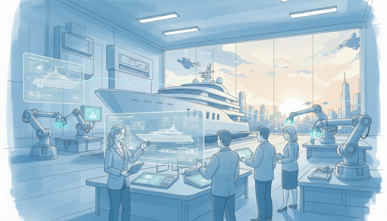 Technology Shipyard worker interacting with a digital production interface, symbolizing marine technology implementation and manufacturing digitalization.