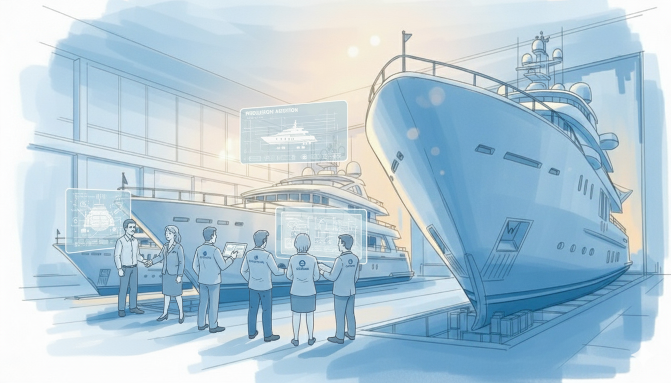 Technology_Suppliers arine component supplier working in a clean, modern shipyard facility on technology integration and standardization.